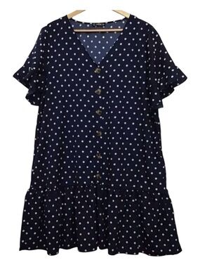 Shein 2XL Polka Dots Dress Navy Blue Plus Size lightweight woven button up v nec